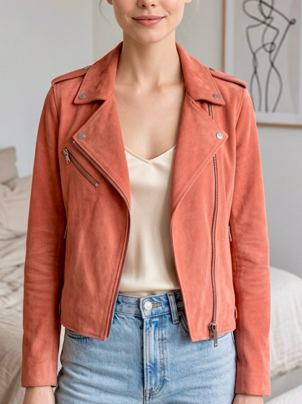 REISS Suede Leather Moto Jacket In Salmon